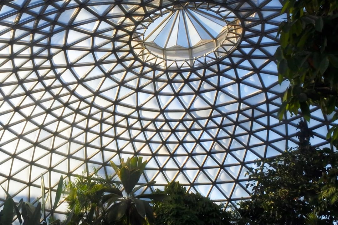 Geodesic dome over lush indoor garden