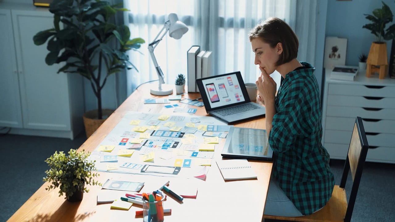 Woman designing app interfaces in office workspace