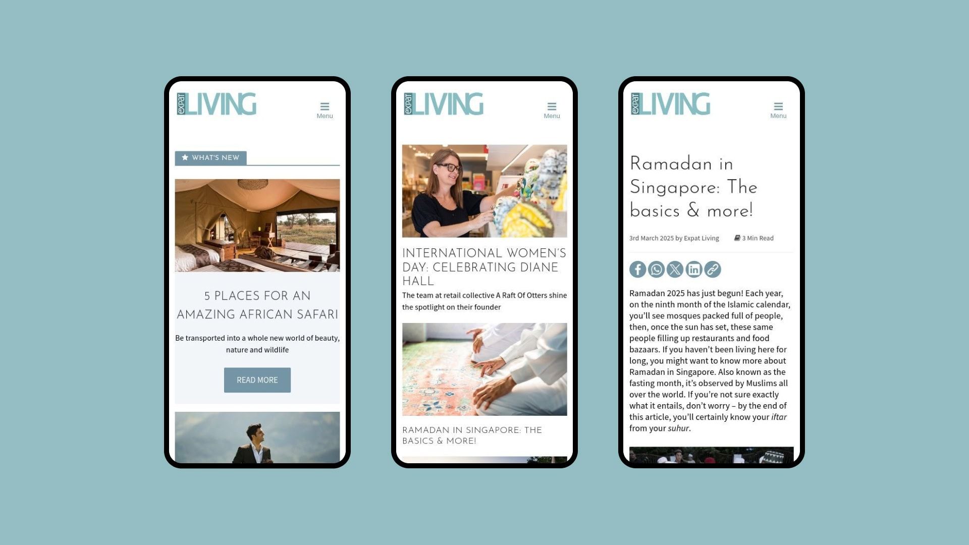 Screenshots of mobile site, featuring lifestyle articles