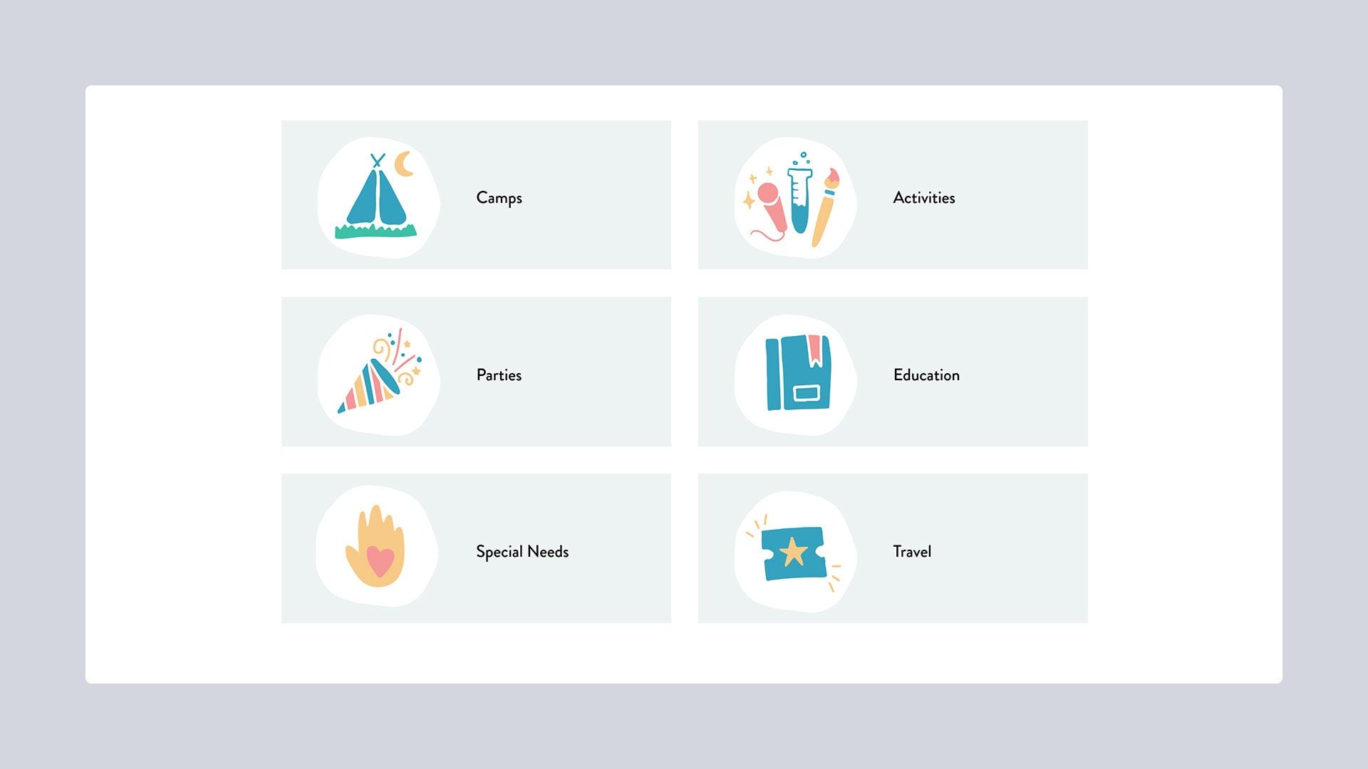 Icons for camps, activities, parties, education, special needs, travel