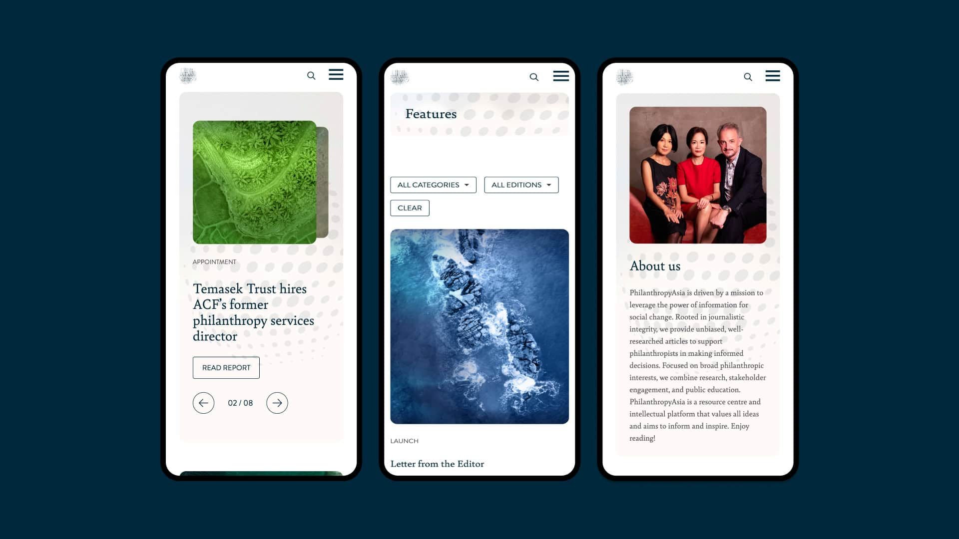 Three smartphones displaying different app interfaces
