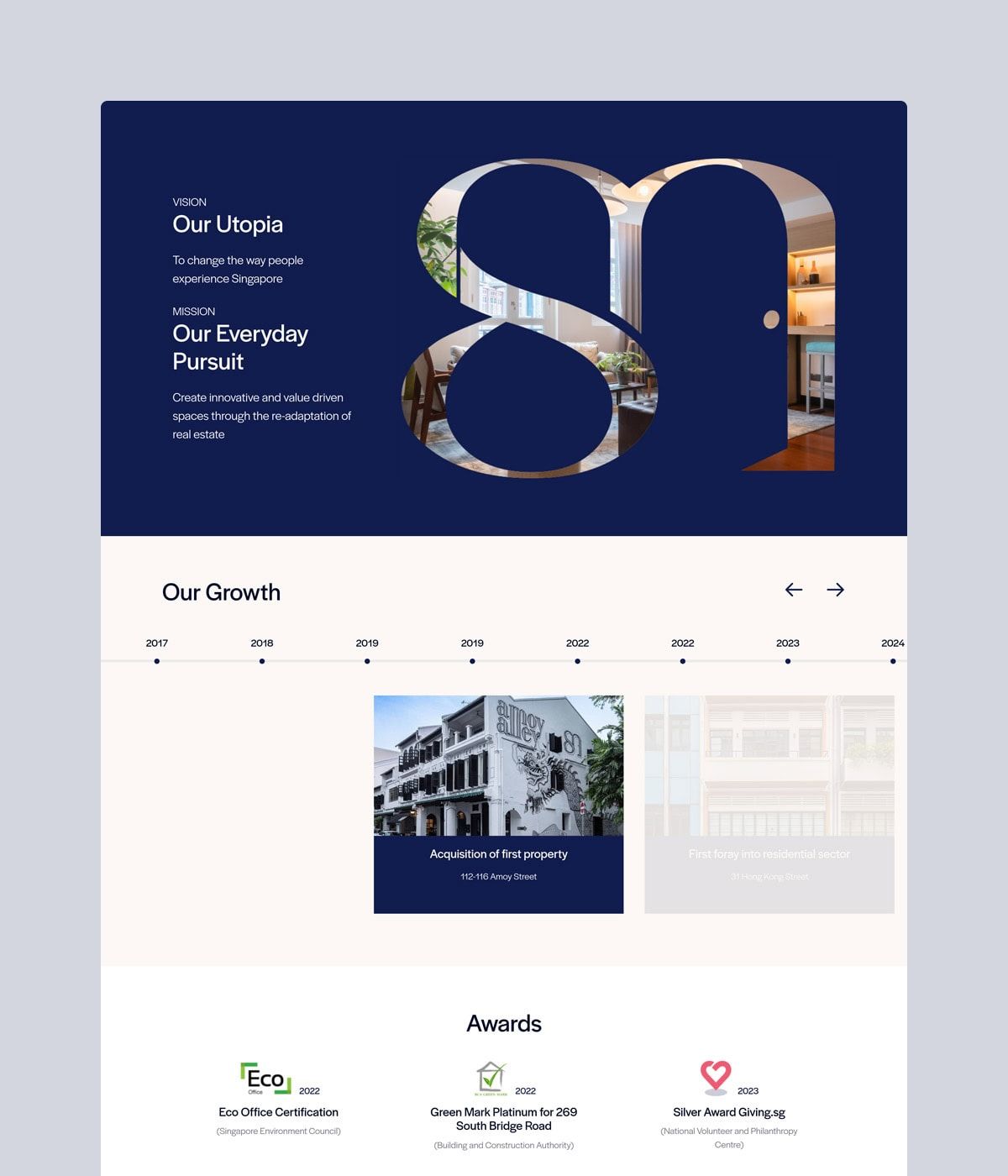 Corporate webpage featuring team and property investment panels