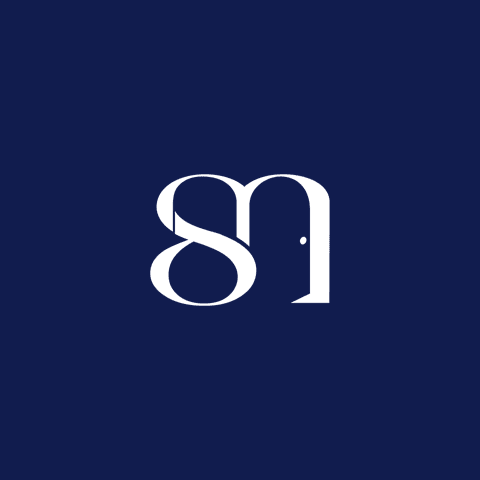 Stylised SM monogram logo in white on navy background