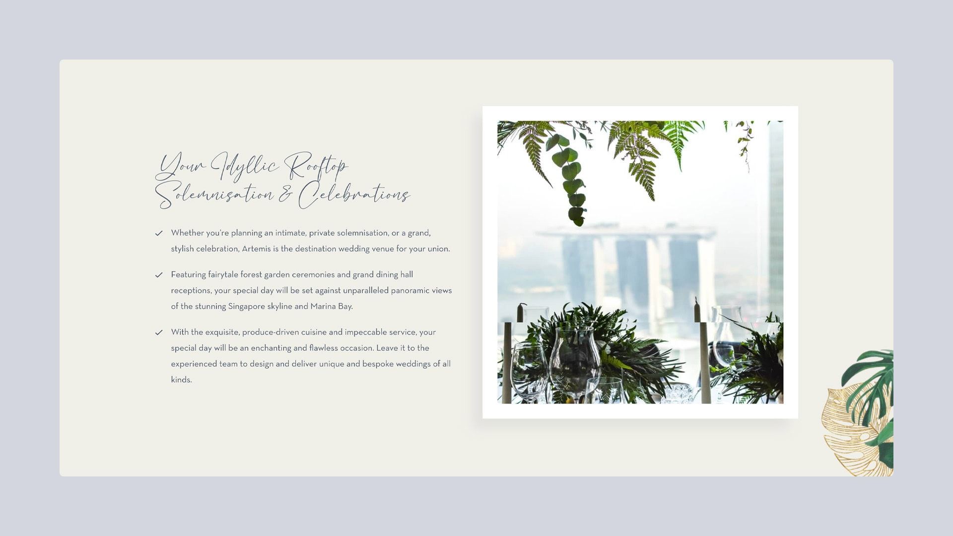 Elegant rooftop event layout with Singapore skyline view