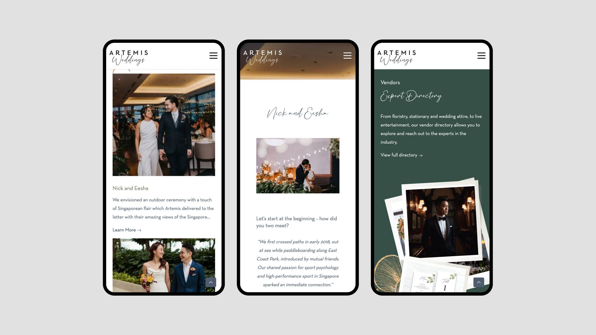 Screenshots of Artemis Weddings website on mobile