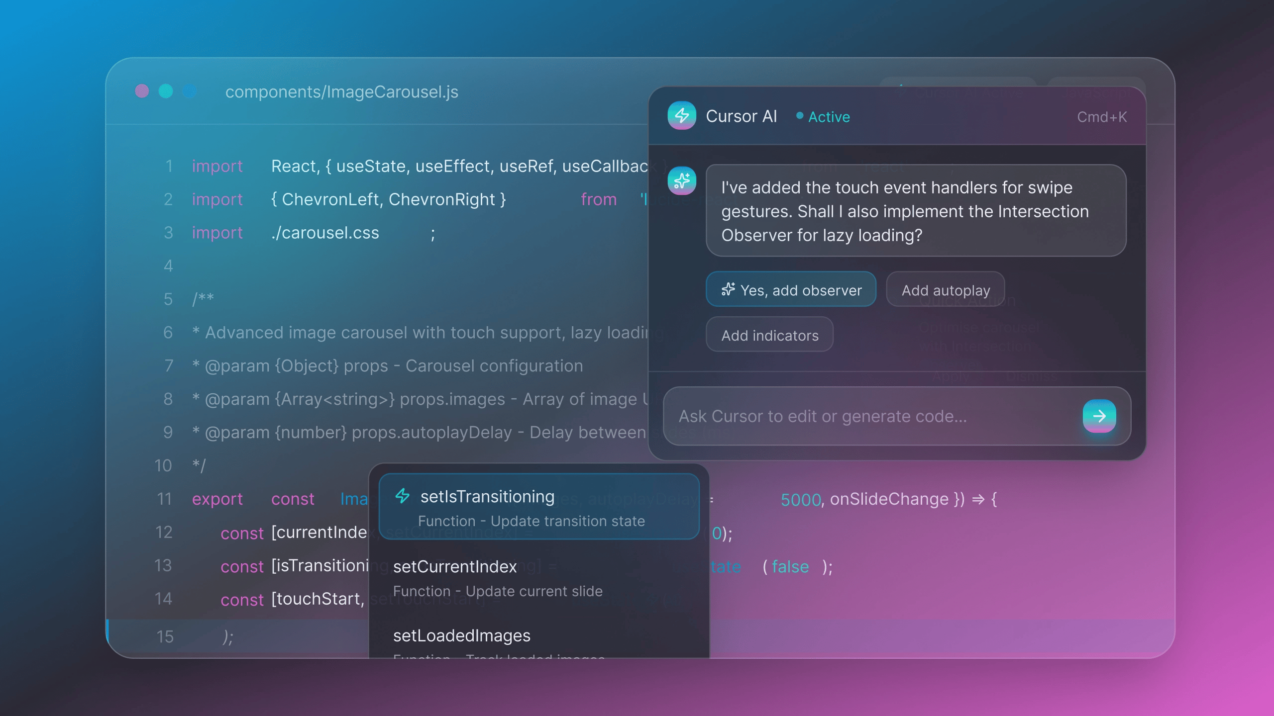 Code editor showing image carousel development with AI assistant.