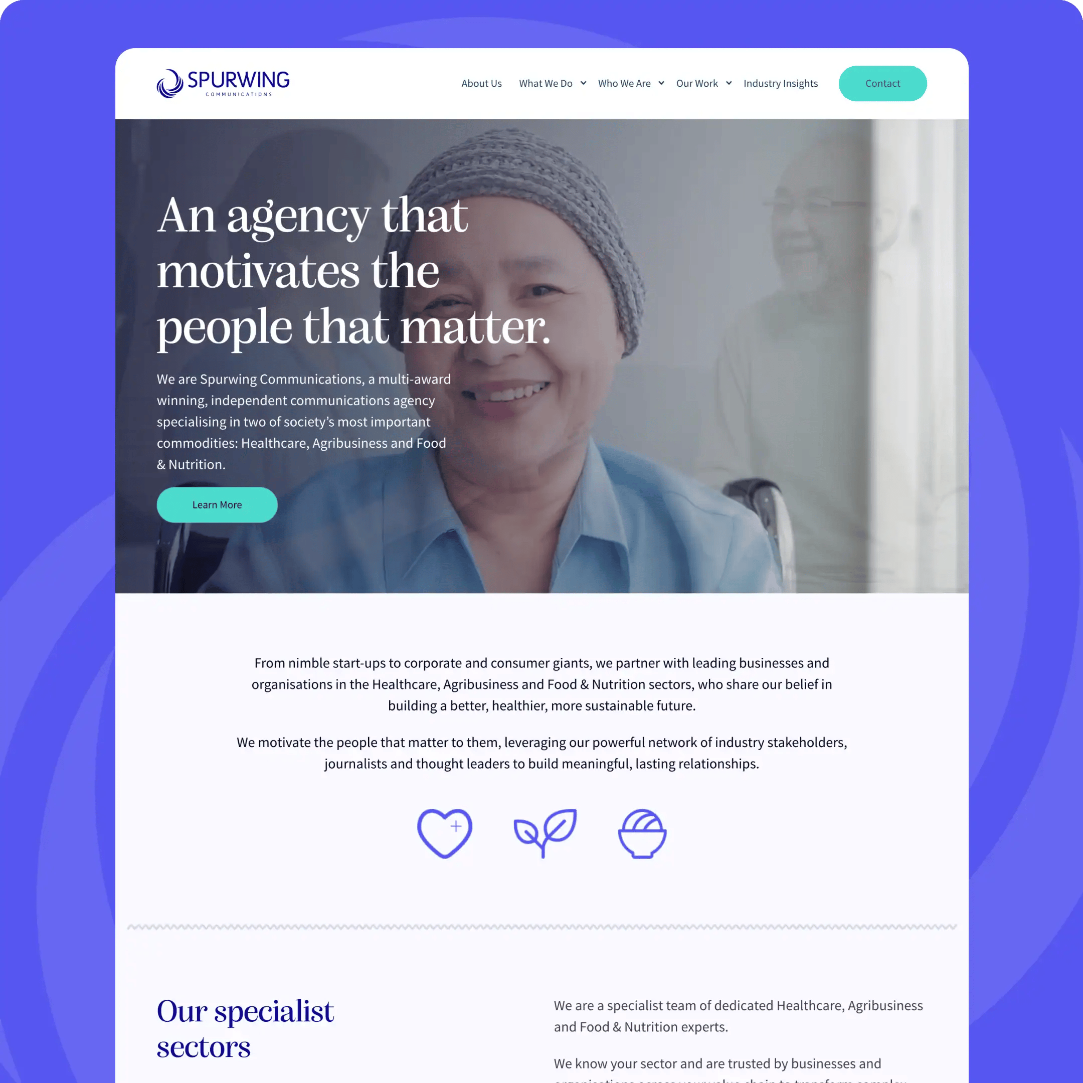 Spurwing Communications agency homepage with mission statement.