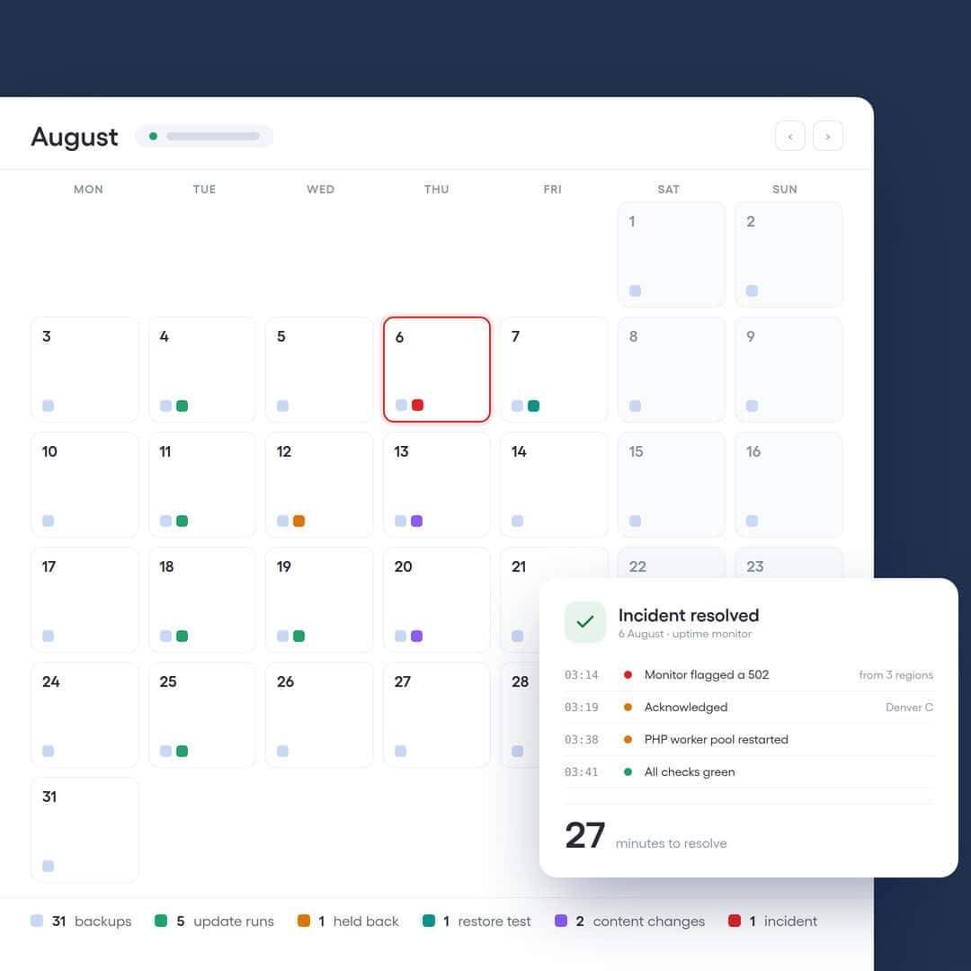 August operations calendar with resolved incident details
