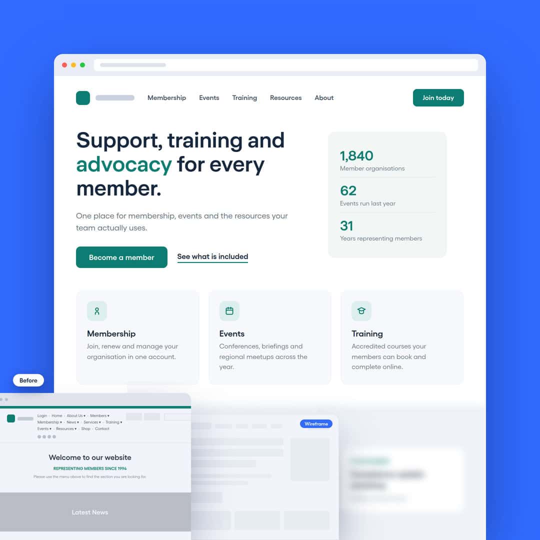 Modern membership website redesign shown beside original wireframe