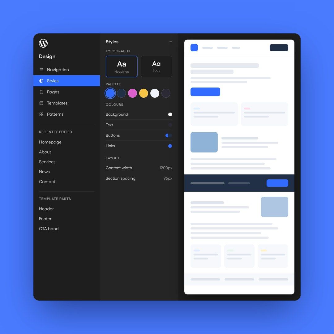 WordPress site editor showing styles and webpage preview
