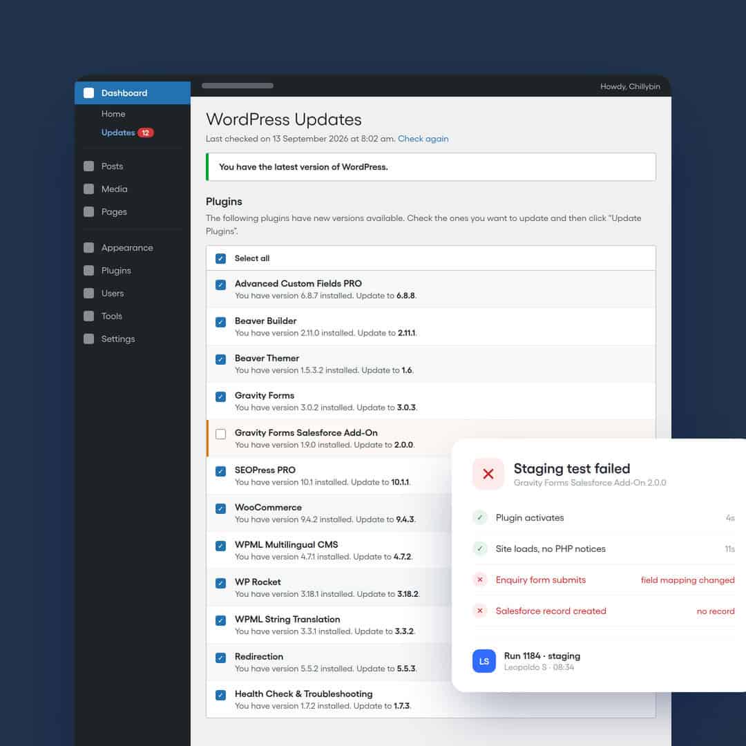 WordPress plugin updates screen with failed staging test alert