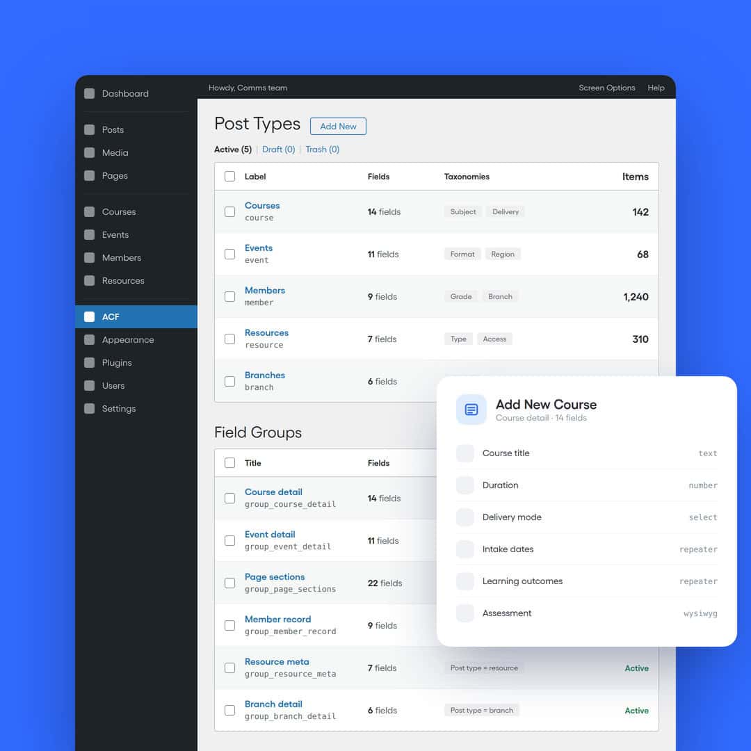 WordPress ACF dashboard showing custom post types and fields