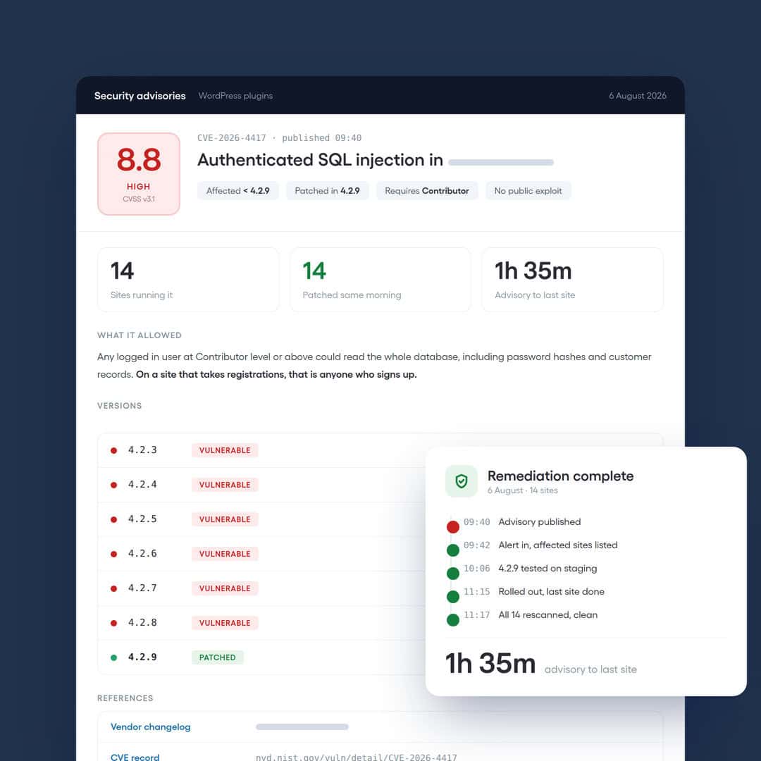 Security dashboard showing SQL injection remediation timeline