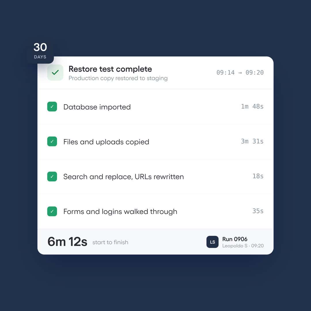Completed staging restore checklist showing six-minute duration