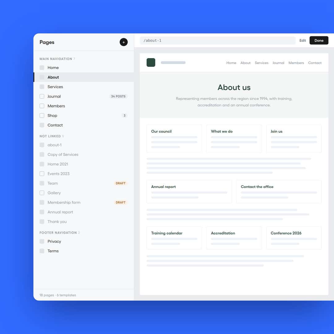 Website builder interface showing About page navigation and preview
