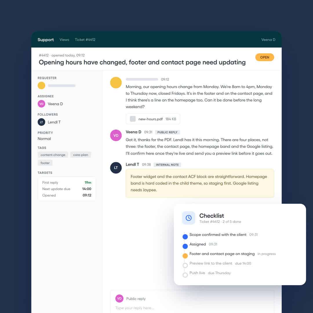 Support ticket dashboard with checklist for website updates