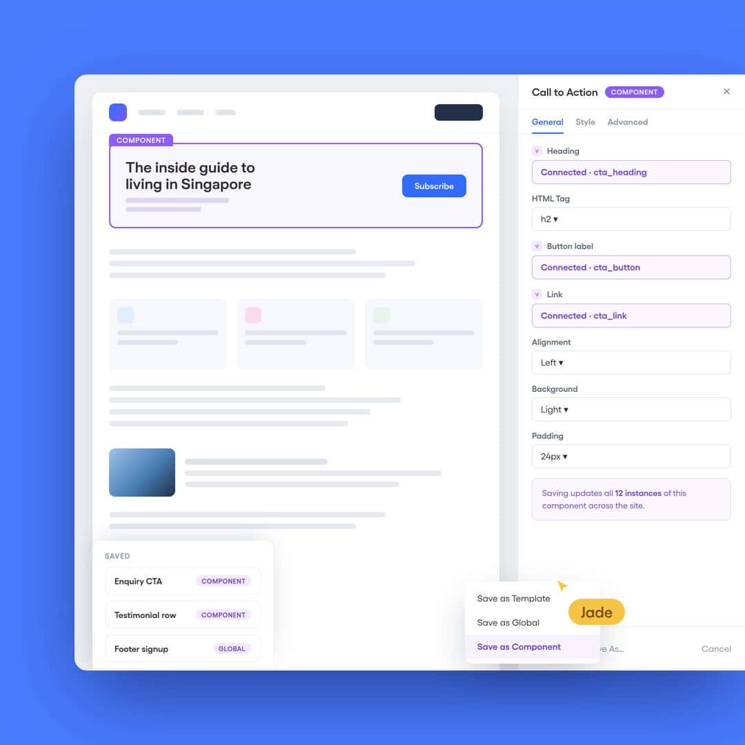 Website builder interface editing a call-to-action component