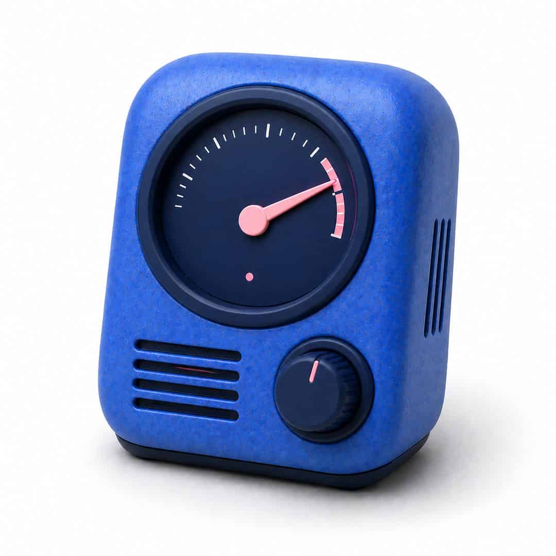 Blue retro radio with pink tuning needle and dial