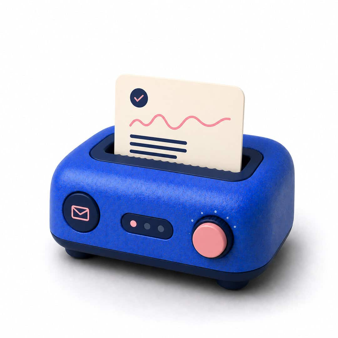 Blue desktop printer with a document emerging from top
