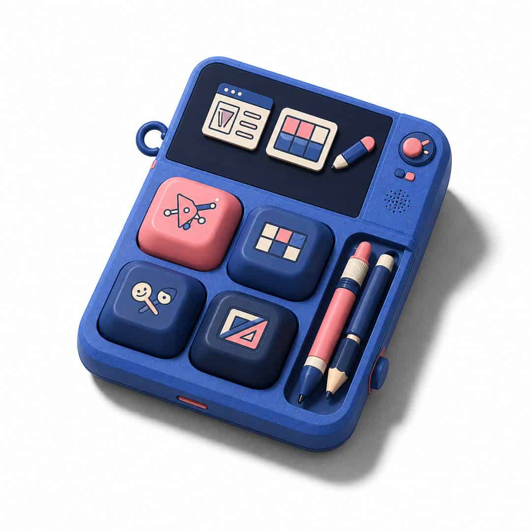 Blue and pink creative design toolkit with pens and buttons
