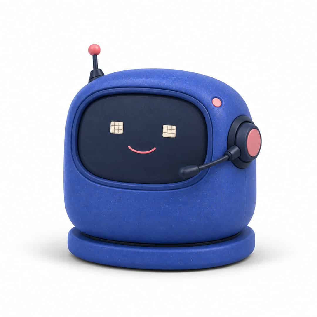 Cute blue robot with headset and pink antenna