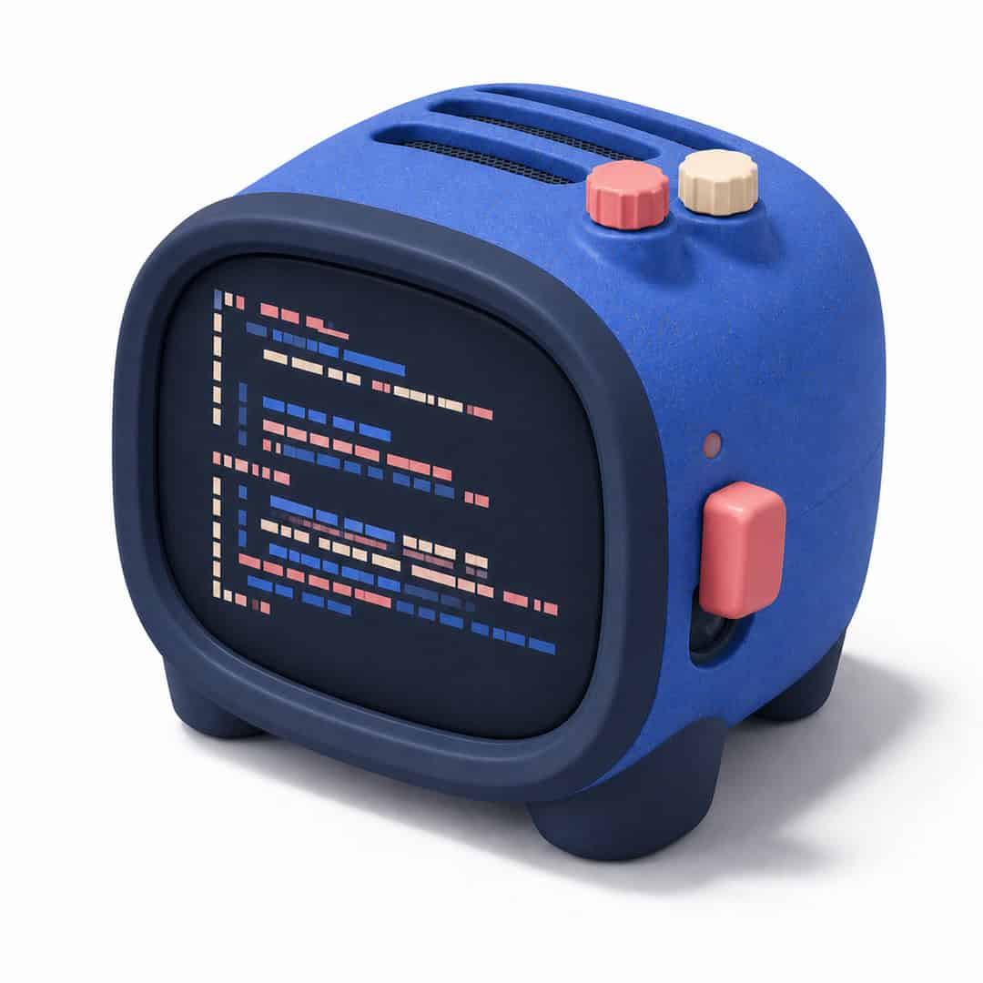 Blue retro toaster displaying colourful lines of computer code