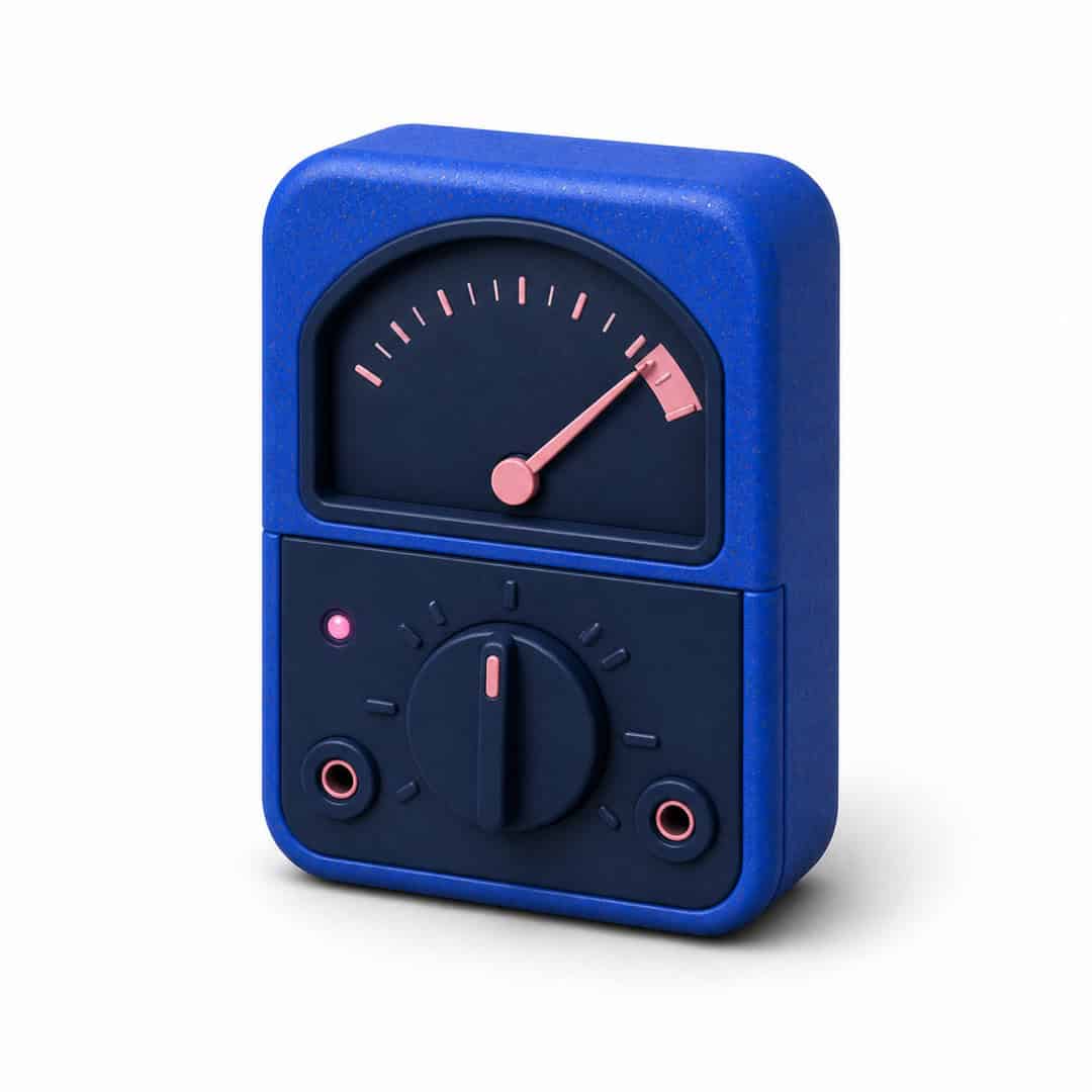 Blue analogue meter with pink needle and control dial