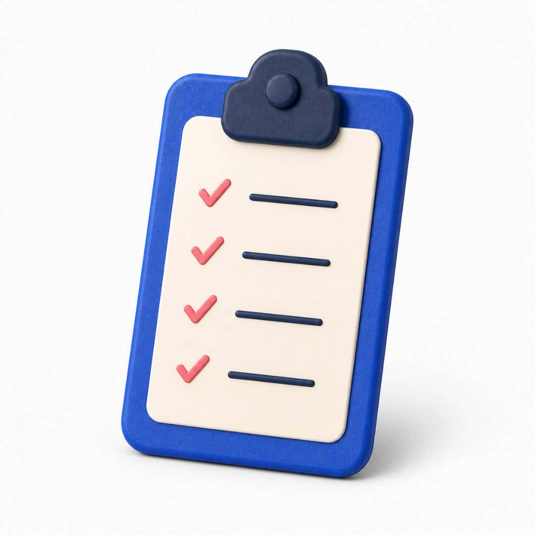 Blue clipboard with four pink checklist ticks