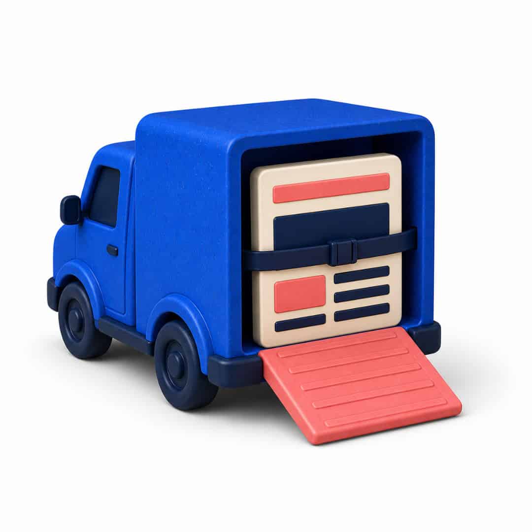 Blue delivery truck carrying secured parcel with rear ramp