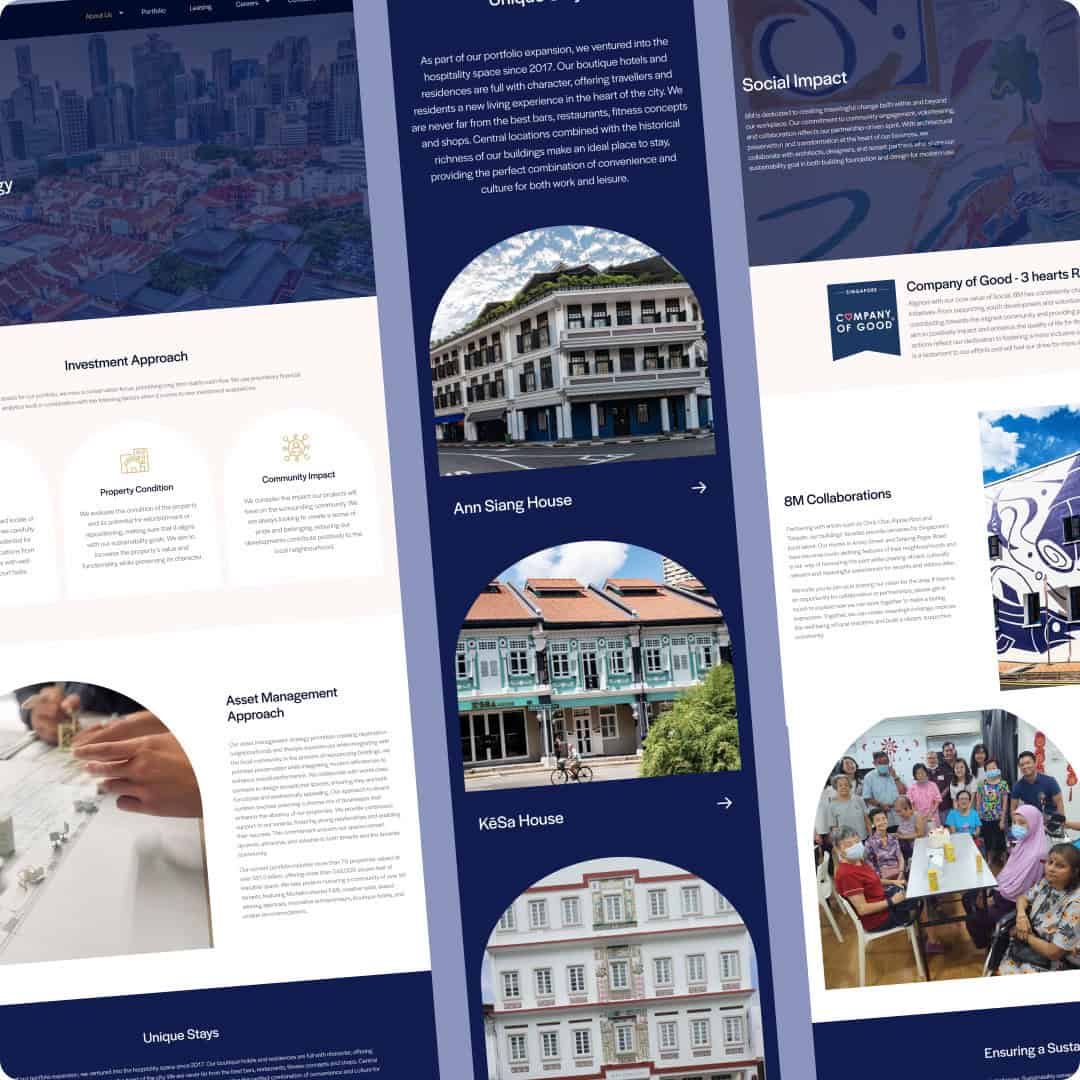 Property portfolio website pages featuring hotels and social impact