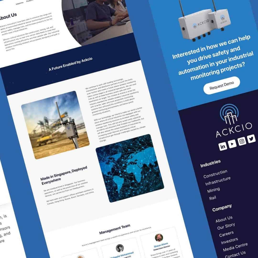 Ackcio industrial monitoring website design on blue background