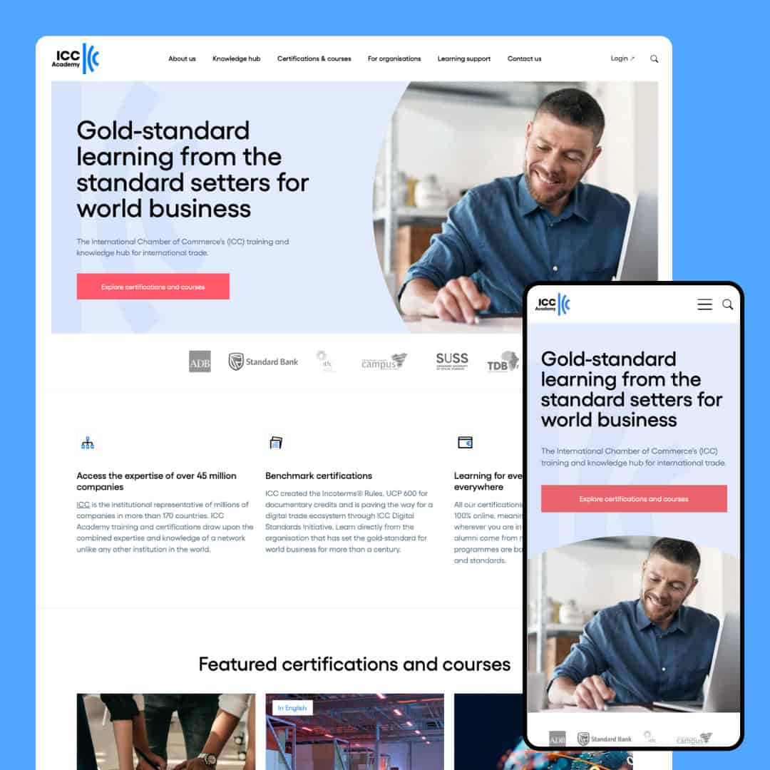 ICC Academy website shown on desktop and mobile screens