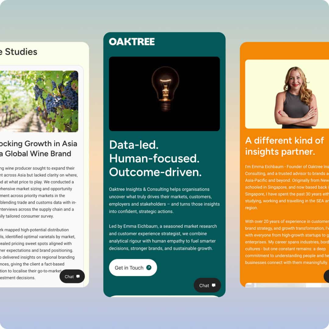 Oaktree consulting website displayed between case study and founder pages
