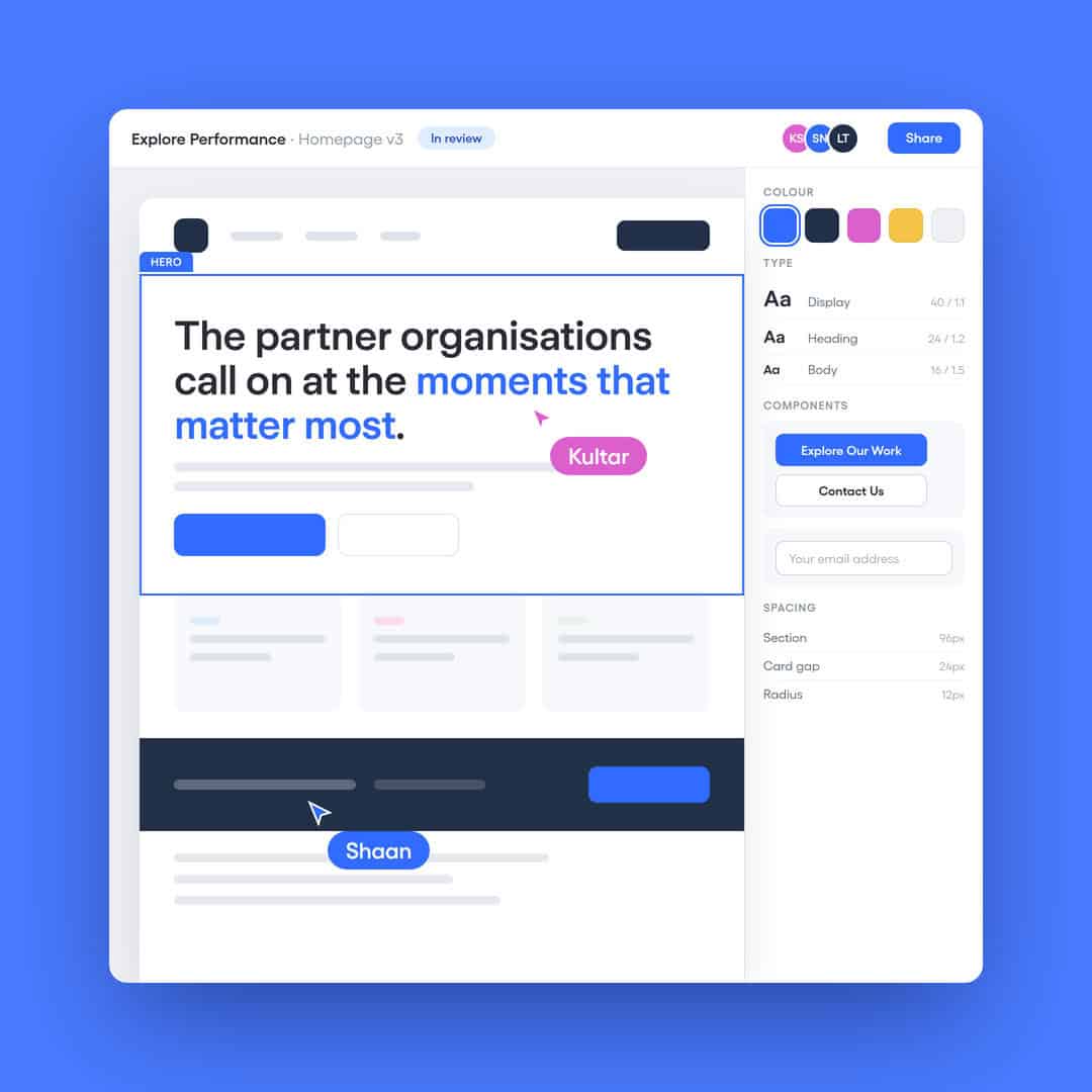 Website design editor with hero section and style panel
