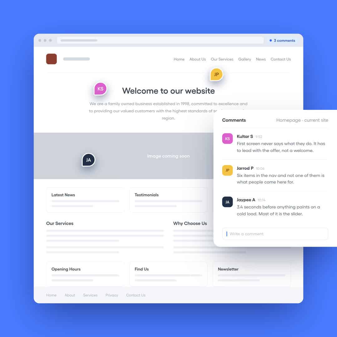 Website mock-up with collaborative design feedback comments