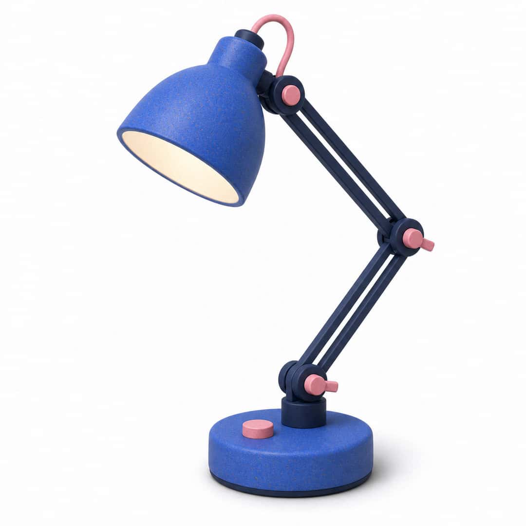 Blue adjustable desk lamp with pink accents
