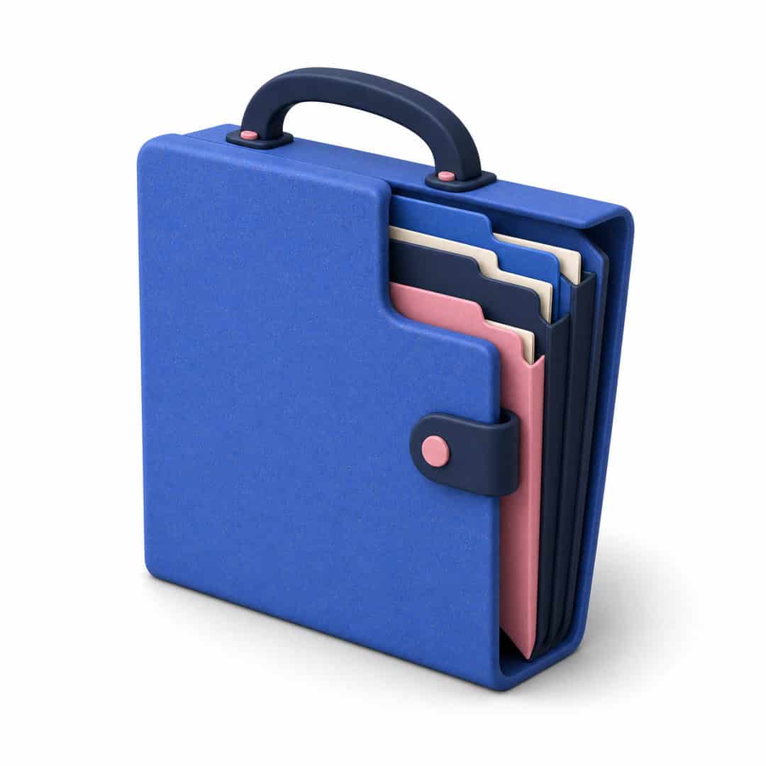 Blue document case with colourful folders and handle