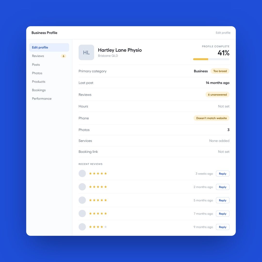 Business Profile manager at 41% complete with 6 unanswered reviews