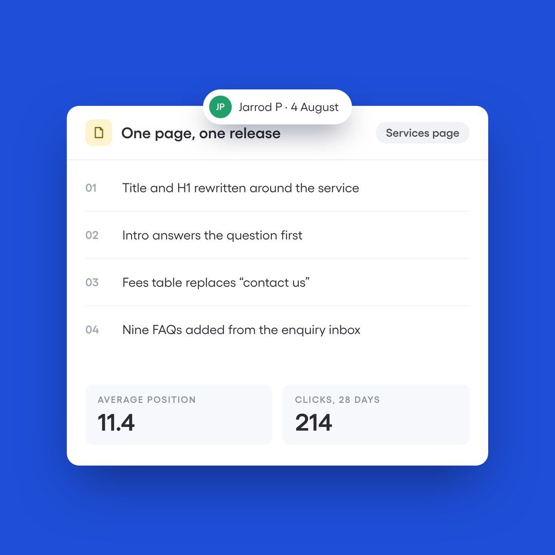 Service page update checklist showing improved search performance metrics