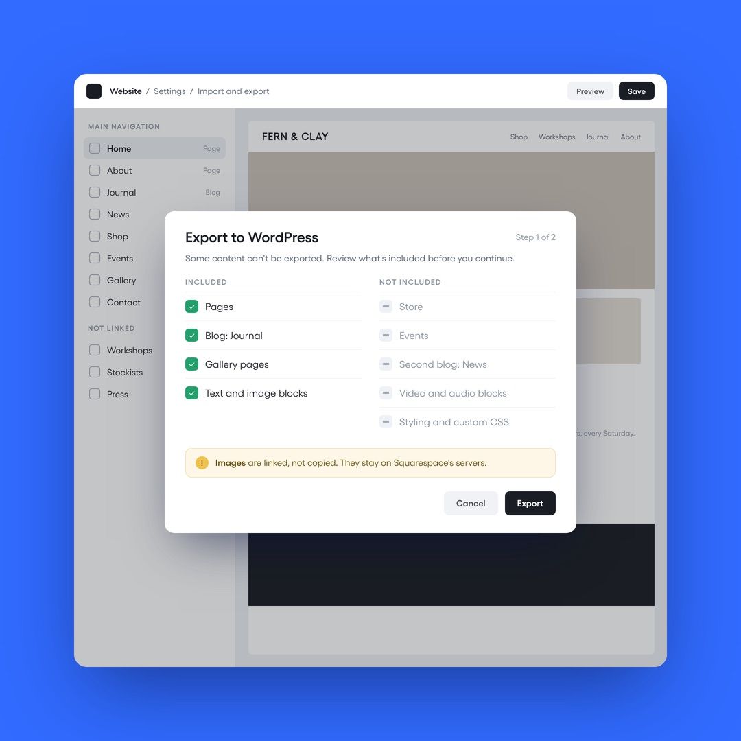 Squarespace site editor with the export dialog open