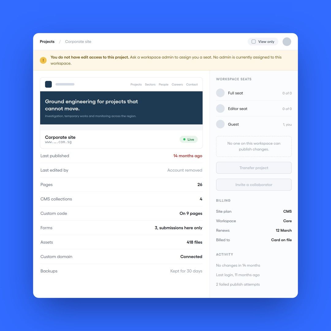 Webflow workspace seats: no one on this workspace can publish changes