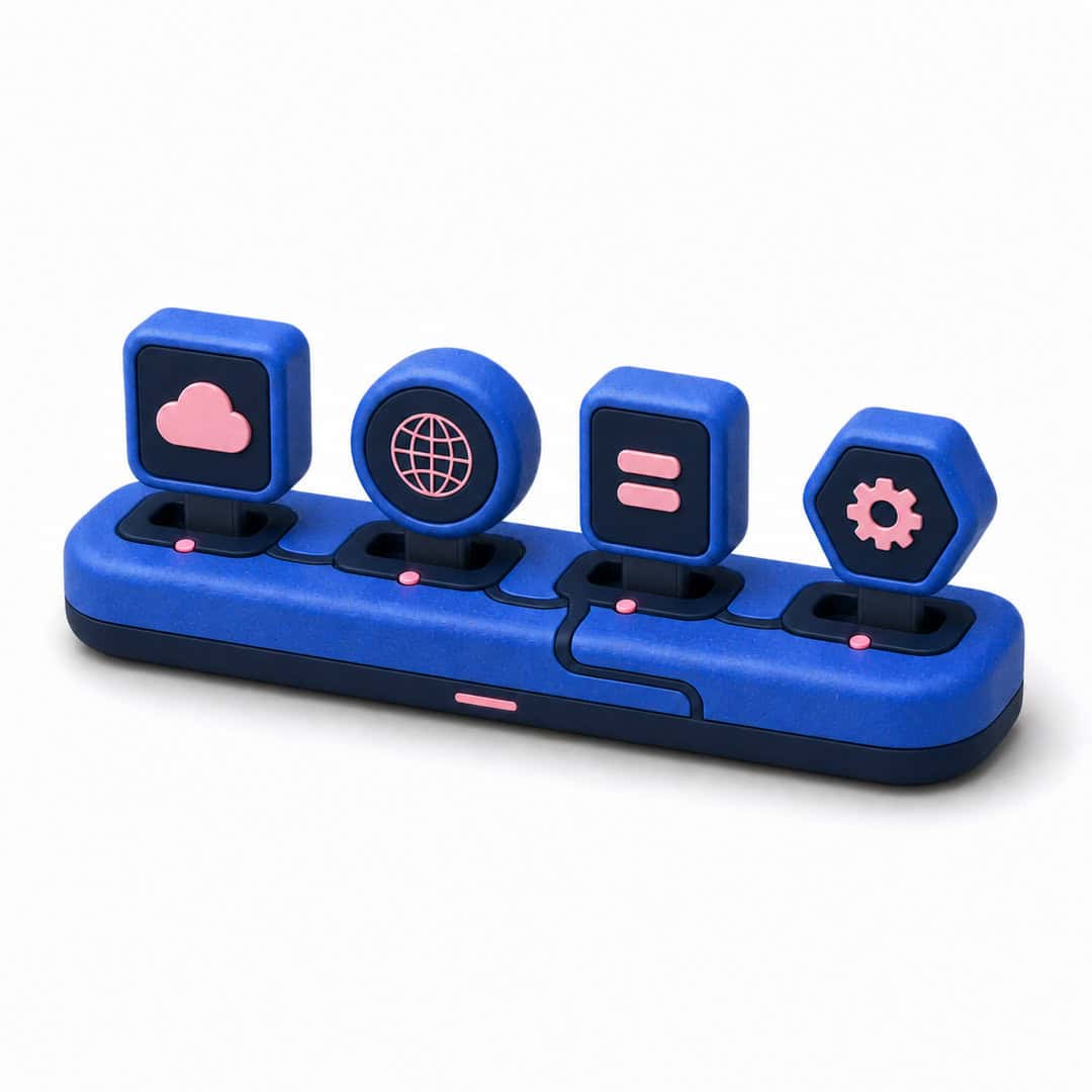 Blue docking station with cloud, web, equal and settings icons