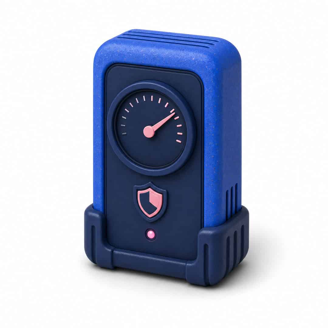 Blue portable security device with pink gauge and shield