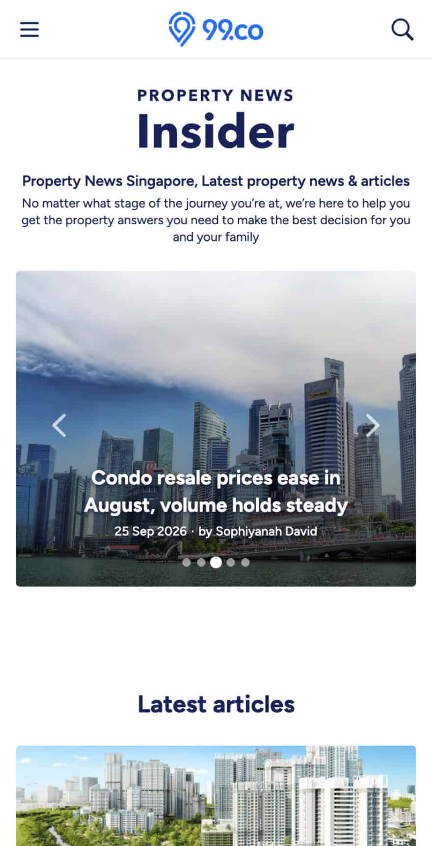 99.co Property News Insider page featuring Singapore condo market updates
