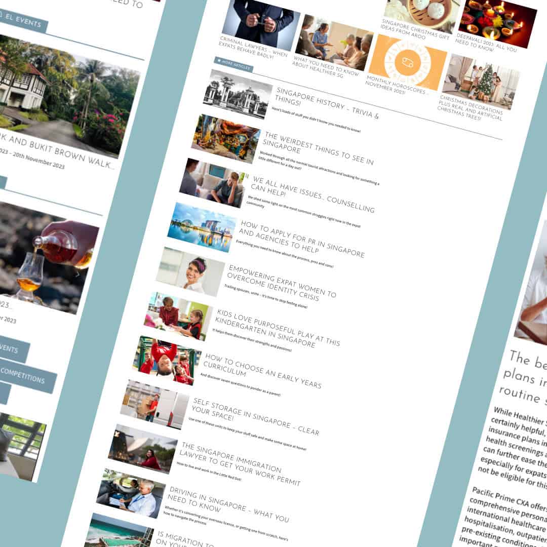 Angled view of Singapore lifestyle website article listings