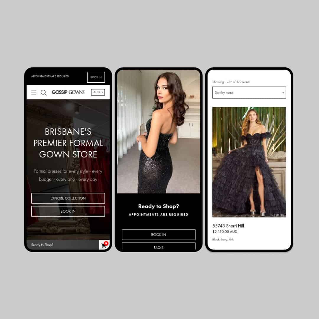Three mobile screens for a formal gown boutique
