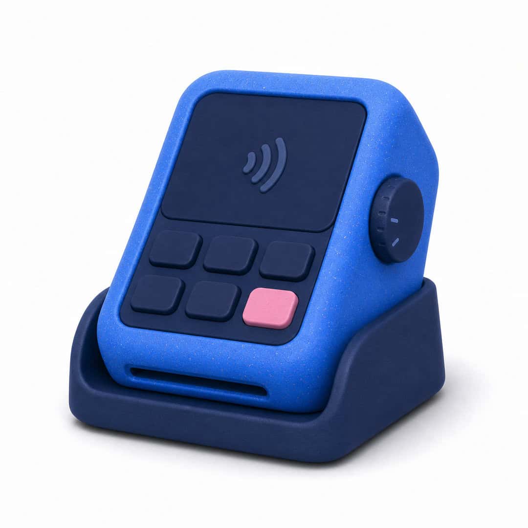 Blue contactless payment terminal with pink keypad button