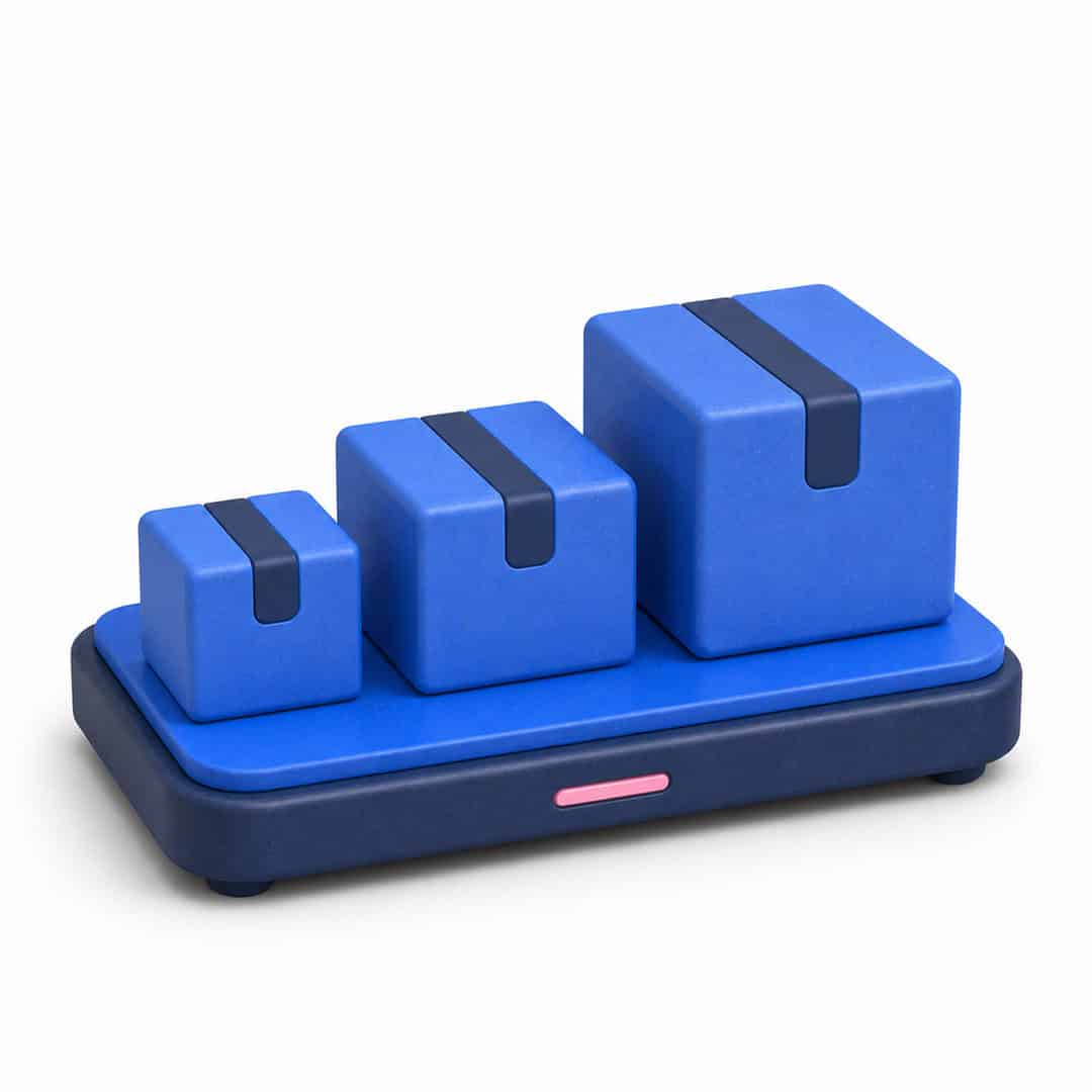 Three blue parcels on a digital weighing scale