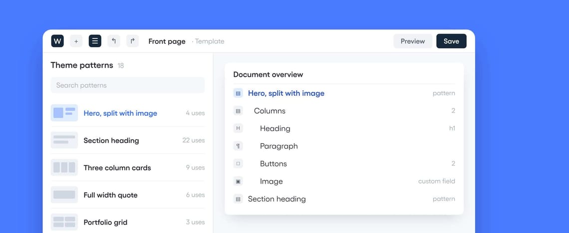 Website editor showing theme patterns and document overview