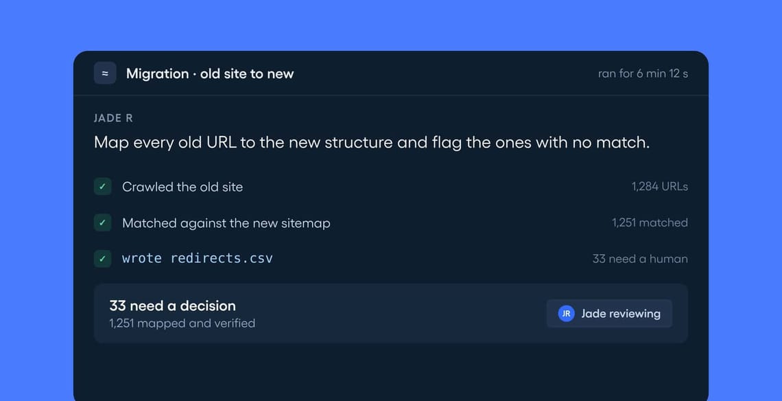 Website migration dashboard showing URL mapping progress